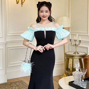 名媛风拼接拼色露肩泡泡袖连衣裙小众修身显瘦收腰千金一字肩长裙
