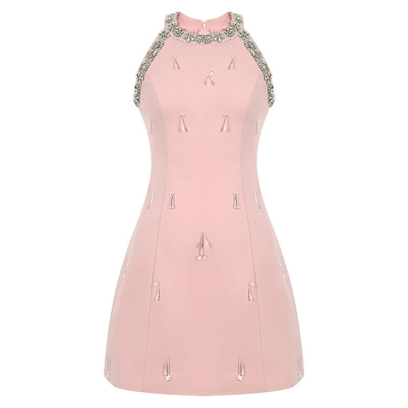 粉色无袖挂脖a字短裙礼服