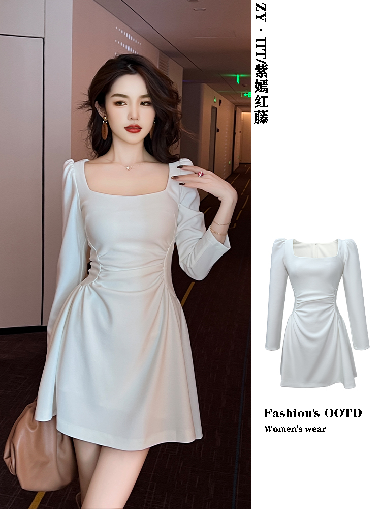 法式白色长袖衬衫连衣裙秋冬2025新款短裙方领气质收腰a字小白裙