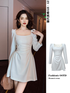法式白色长袖衬衫连衣裙秋冬2026新款短裙方领气质收腰a字小白裙