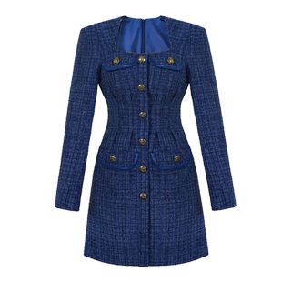 法式小香风a字连衣裙秋冬长袖御姐风职业收腰显瘦方领气质西装裙