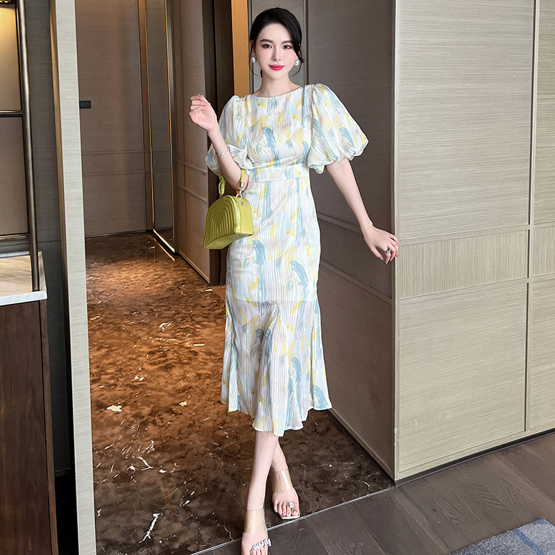 油画收腰碎花鱼尾修身连衣裙性感御姐艺术女高级感包臀裙小众裙子