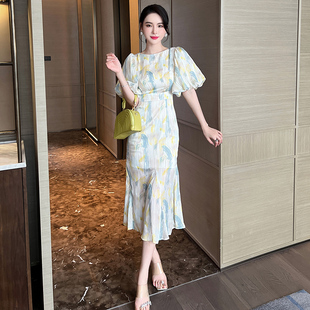 油画收腰碎花鱼尾修身连衣裙性感御姐艺术女高级感包臀裙小众裙子