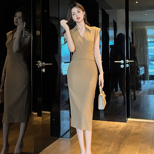 长款衬衫连衣裙收腰修身轻奢高级感条纹显瘦名媛气质v领千金裙子