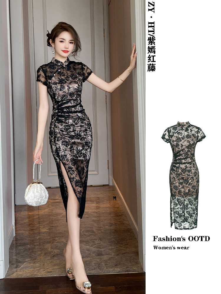 개선된 치파오 드레스 새로운 중국 스타일 젊은 스타일 일상적인 레이스 기질 수묵 버클 중국 요소가 포함된 중국 스타일 드레스