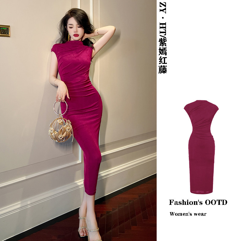 气质针织连衣裙女2026新款夏长款小众直筒收腰超长过膝懒人t恤裙