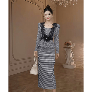 时尚 复古假两件拼接蕾丝连衣裙轻奢高级感荷叶边显瘦包臀中长裙女