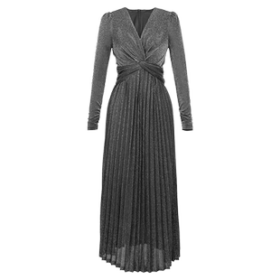 主持人年会礼服端庄大气轻奢高级感深V性感百褶长款交襟连衣裙子