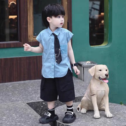 夏季男童痞帅气潮酷小少爷时髦炸街儿童宝宝夏装衬衫裤子两件套装