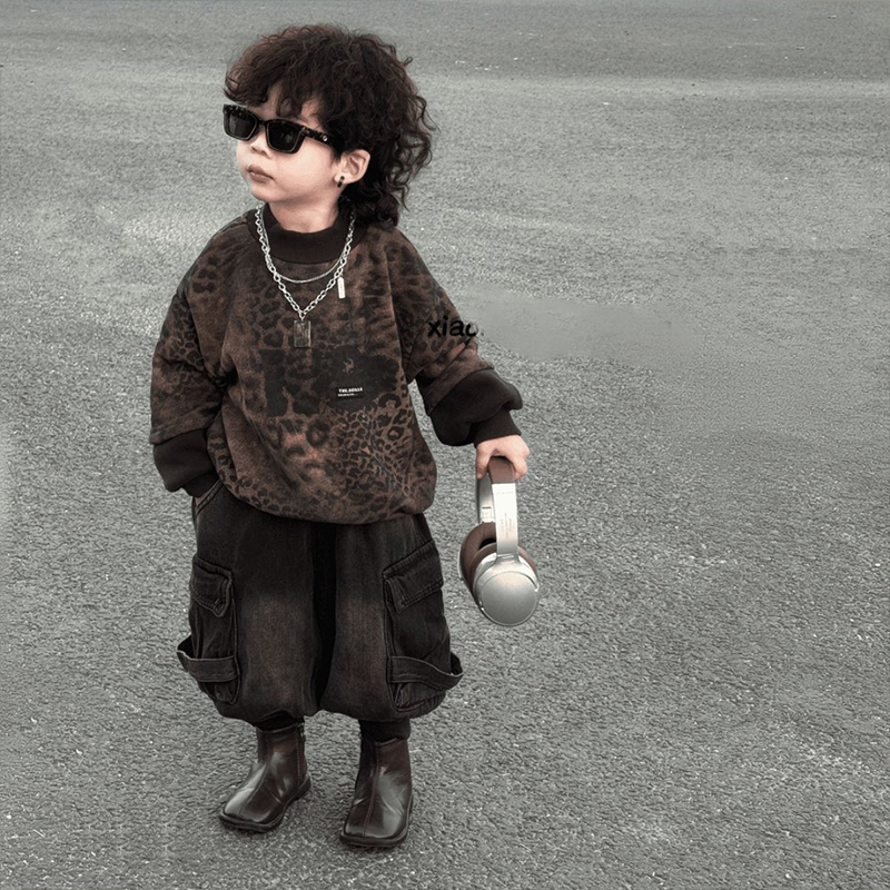 男童痞帅风套装秋冬款洋气儿童宝宝韩版加绒豹纹卫衣牛仔两件套潮