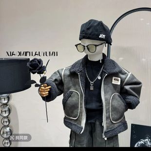 皮毛一体夹克潮 儿童皮衣女宝宝保暖冬装 男童加绒外套冬季 2025新款