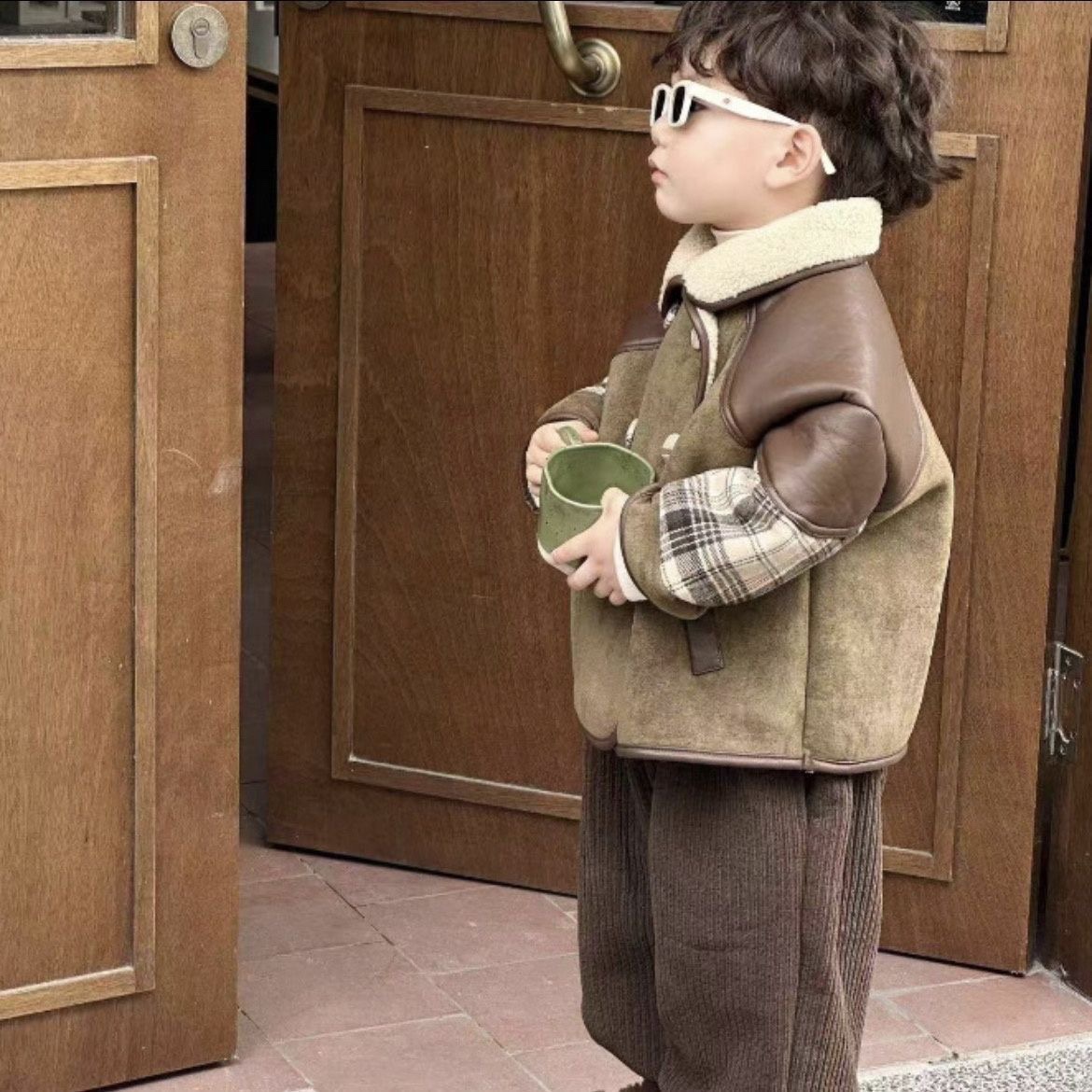 男童加绒格子外套加绒裤子两件套