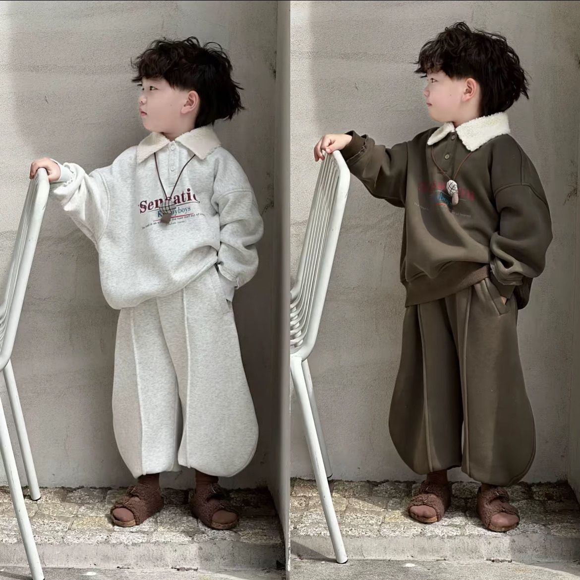 男童秋冬加绒加厚套装卫衣两件套