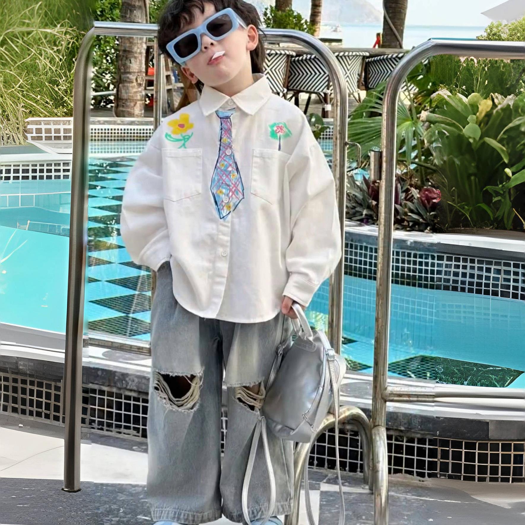 男童春款印花领带破洞牛仔裤套装2025新款高街宽松版型韩版两件套