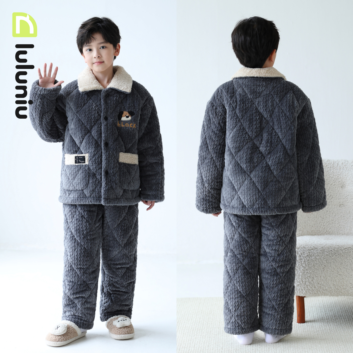 噜噜牛冬季男童法兰绒夹棉家居服