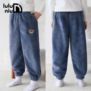 噜噜牛冬季男童法兰绒睡裤加厚男孩保暖裤中大童珊瑚绒儿童家居裤
