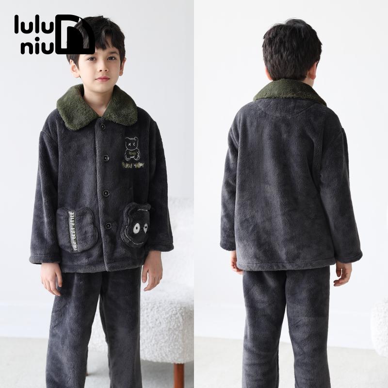 噜噜牛秋冬季法兰绒保暖男童睡衣