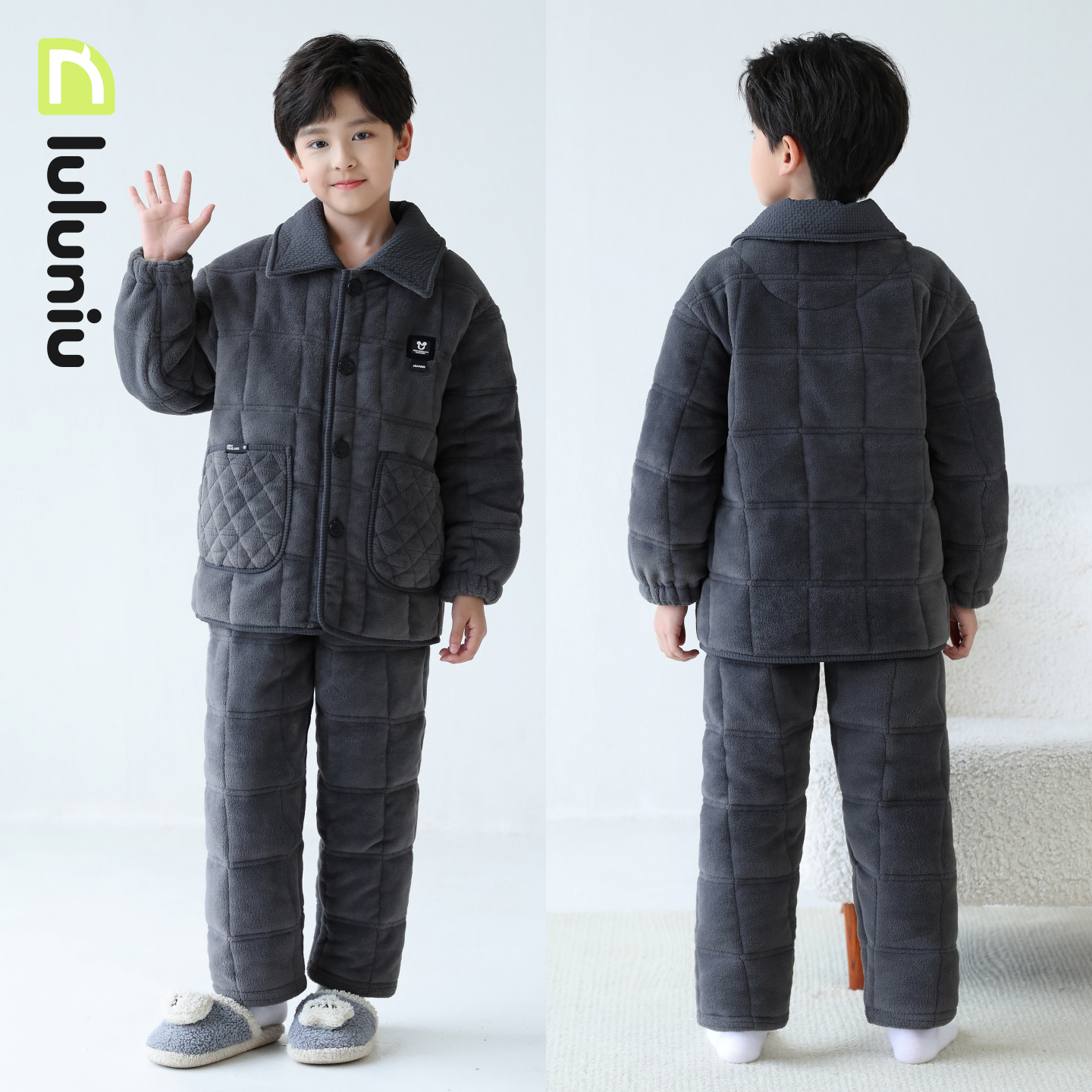 噜噜牛冬季儿童法兰绒睡衣厚夹棉