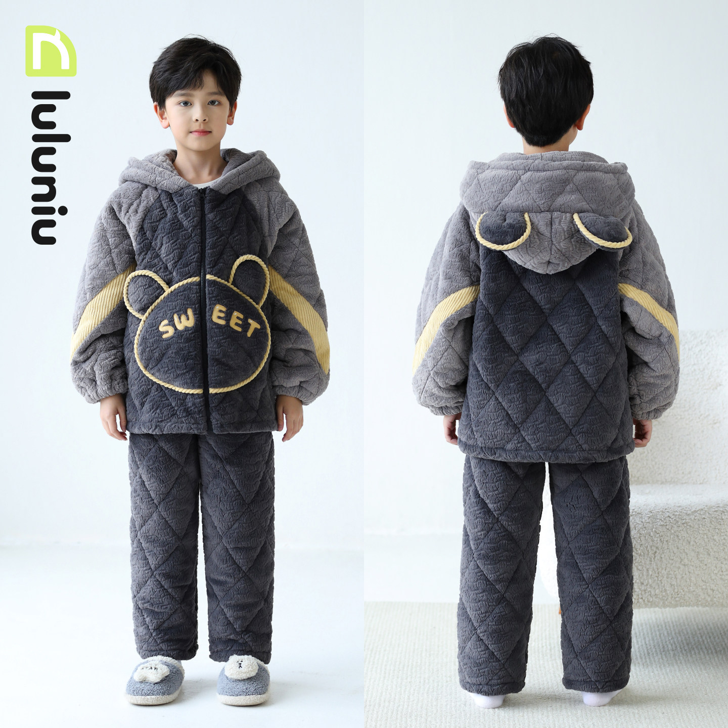 噜噜牛冬季儿童珊瑚绒夹棉家居服