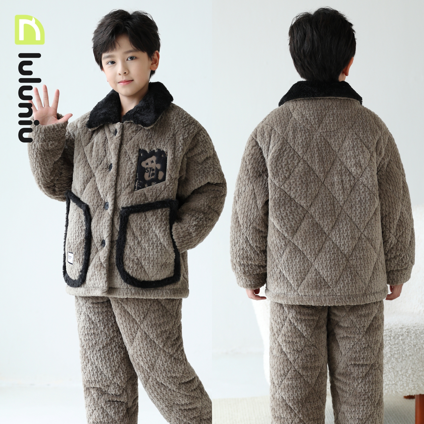 噜噜牛冬季男童夹棉睡衣厚法兰绒