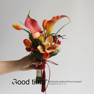 高级感新中式手捧花蕙兰仿真花结婚摄影领证仪式感花束