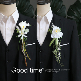 空气感森系结婚摄影写真妆造西服配饰 绿白 胸花襟花仿真花 男士