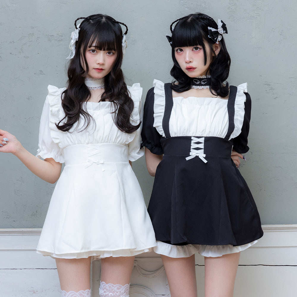 일본 달콤한 로리타 투피스 스퀘어 넥 곰팡이 얇은 스트랩 정장 반바지 슬리밍 허리 보우