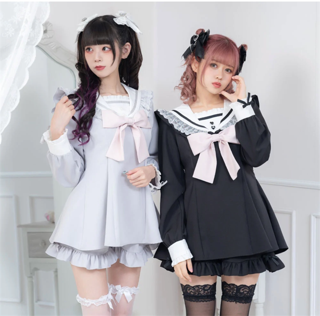 가을 겨울 지뢰 투피스 긴팔 슬림핏 허리 리본 곰팡이 가장자리 네이비 칼라가 있는 귀엽고 다재다능한 일본식 슈트