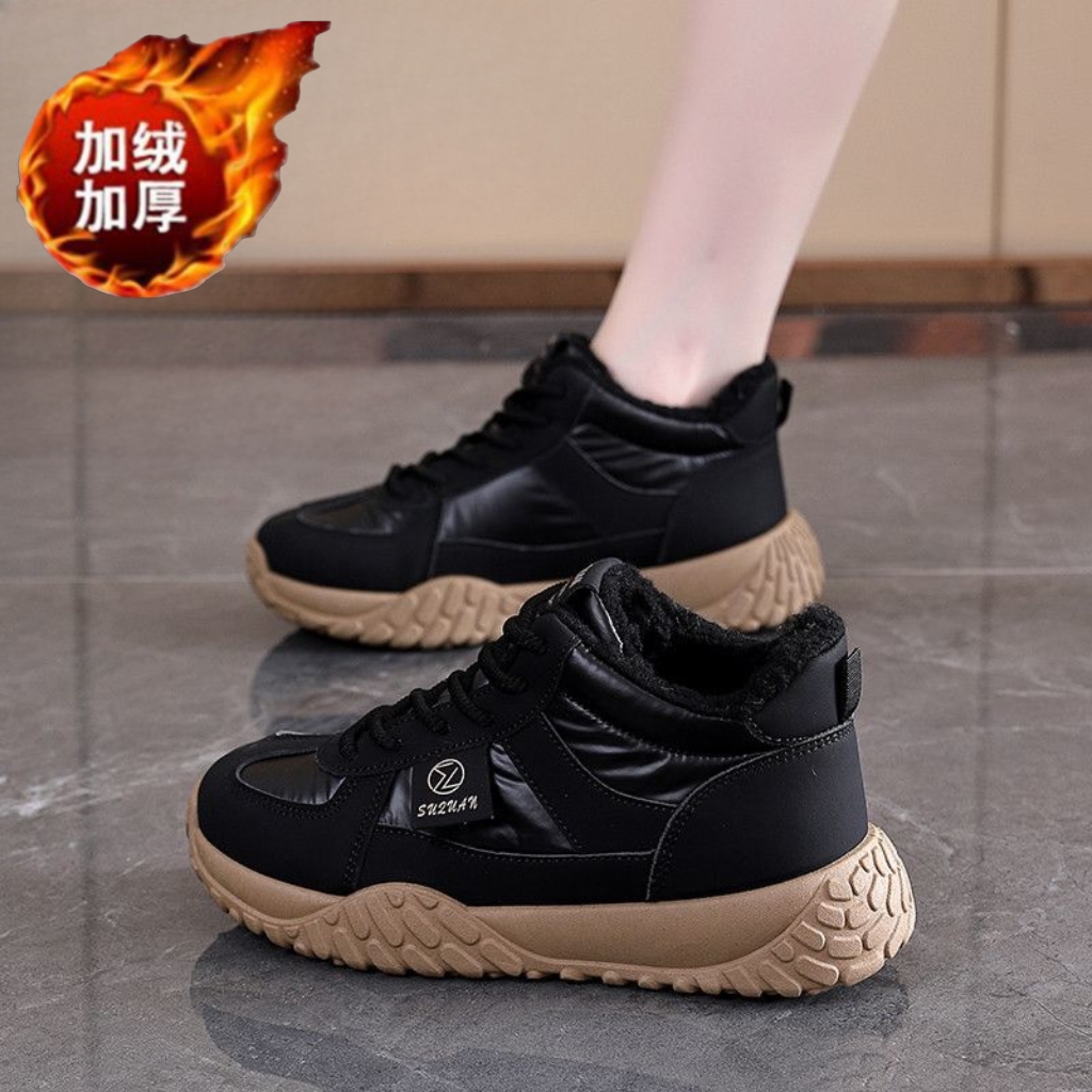 女鞋冬季高帮加绒保暖棉鞋黑色厚底轻便运动鞋软底不累脚防滑爆款