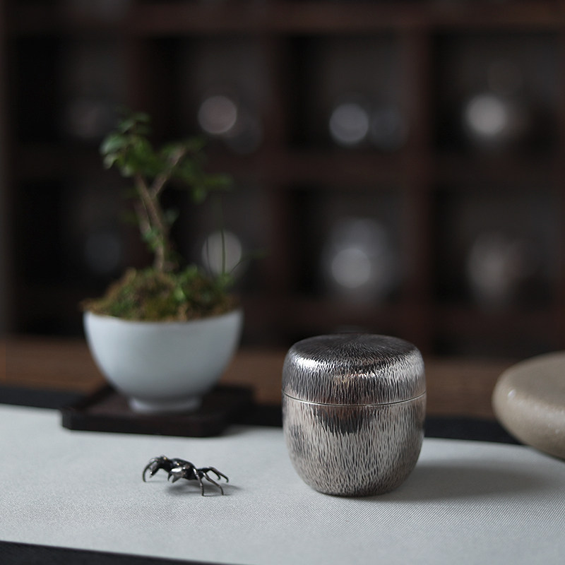 纯银999茶叶罐茶仓纯手工一张打日式储茶罐复古风茶盒茶零配 银缕