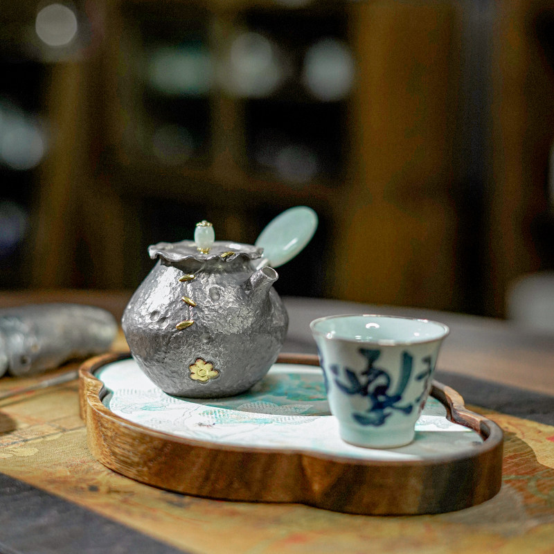 纯银999纯手工一张打泡茶壶玉石侧把壶高端家用茶具茶器 逐影