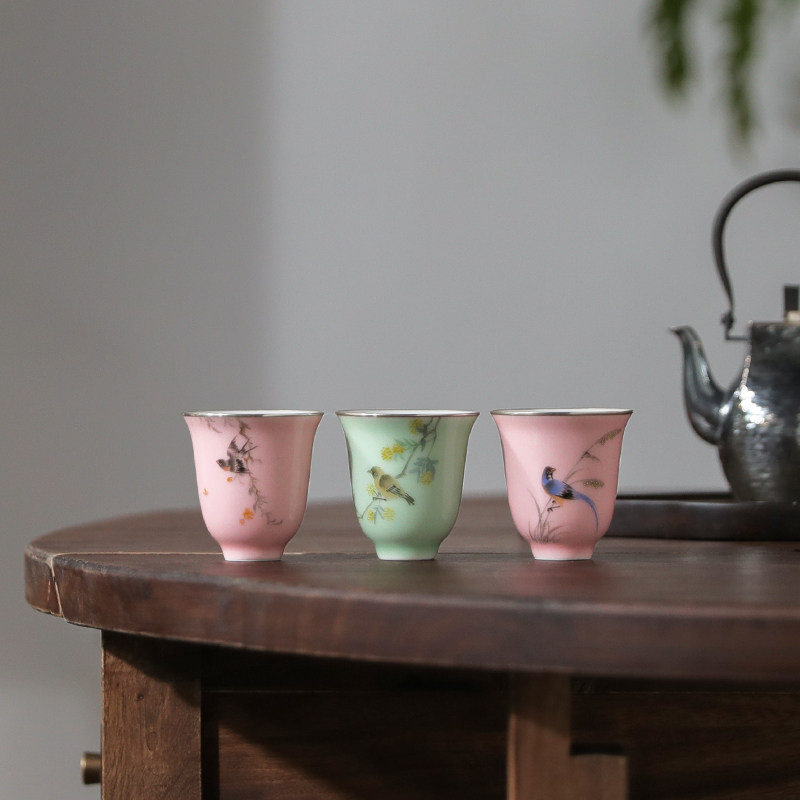 纯银999足银手工茶杯手绘陶瓷包银杯功夫茶小茶杯主人杯 喜枝