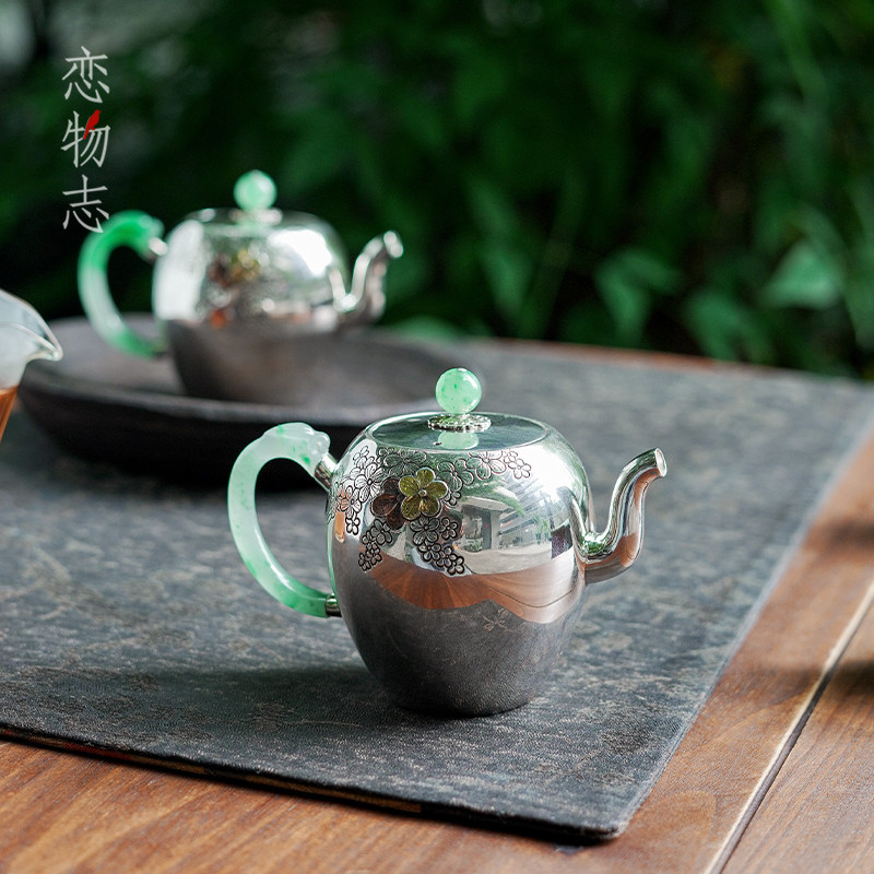 纯银999翡翠手柄美人肩银壶纯手工一张打泡茶壶家用高档茶具 玉锦