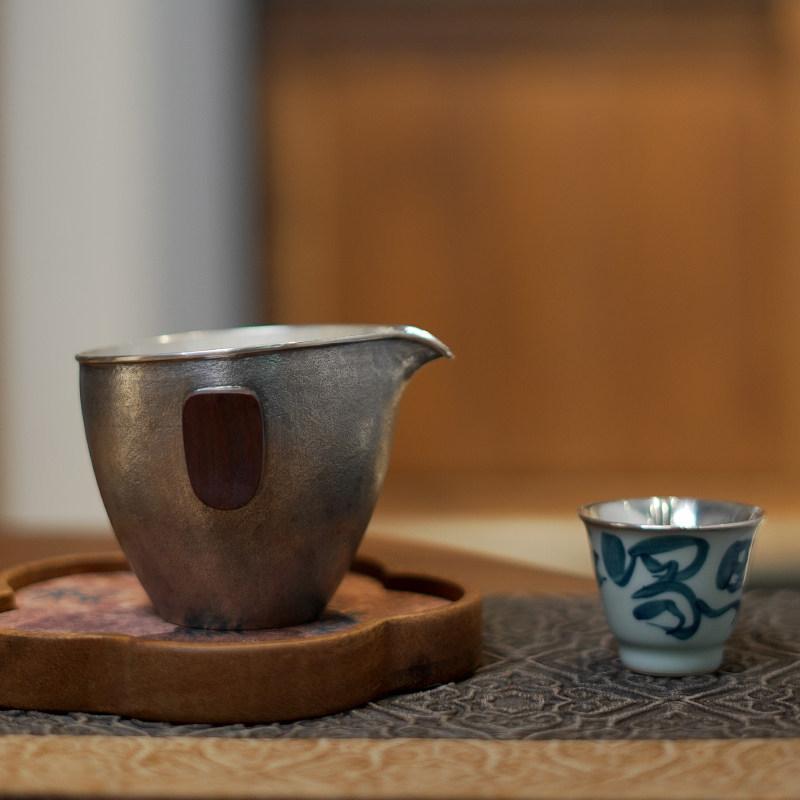 公道杯纯银999茶海分茶器纯手工一张打双耳手抓公杯茶具分茶 简兮