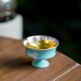 纯银999银茶杯包银杯主人杯品茗杯家用高足杯小狗茶杯茶具  萌汪
