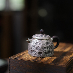 茶具 纯银999纯手工银壶非遗老师张家松足银泡茶壶做旧中式 古岩