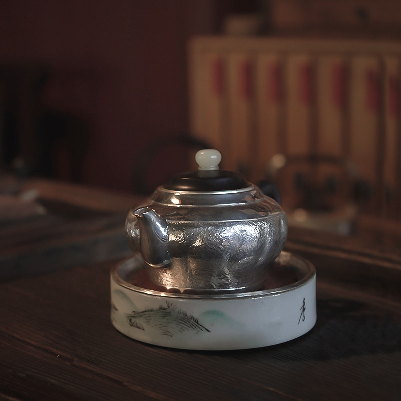 纯银999银壶泡茶壶纯手工一张打复古锤纹茶壶银茶器功夫茶具 云知