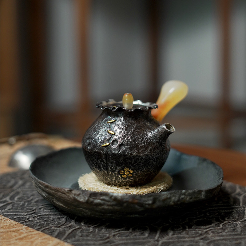 泡茶壶纯银999纯手工一张打银壶小茶壶侧把壶高端 银器茶具 凌霄