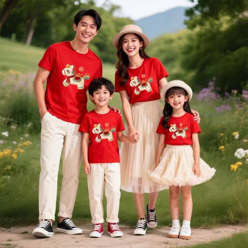 新年短袖亲子装一家四口纯棉T全家福上衣母女母子年服红色打底衫