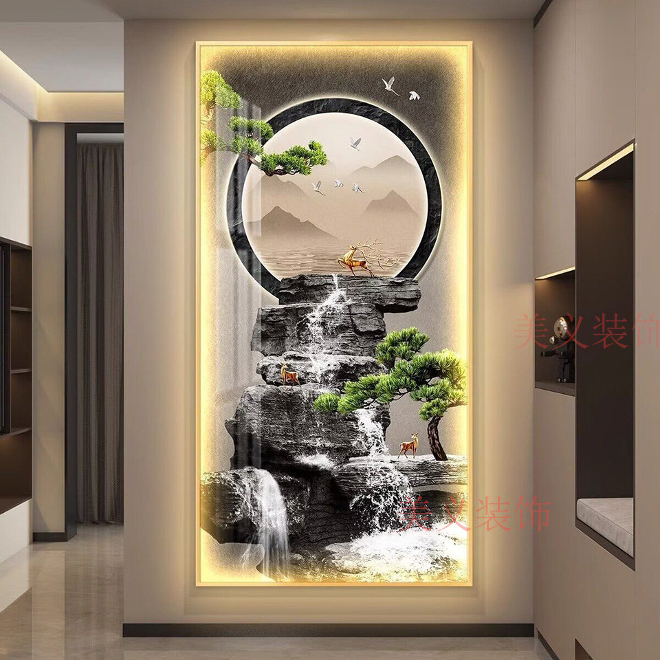现代简约山水风景玄关装饰画灯带流水生财入户走廊过道壁挂画灯画