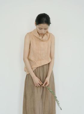 原创文艺皱麻高领马甲 做旧复古棉麻宽松马甲背心M24217