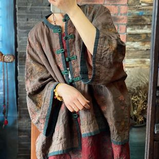 复古文艺纯亚麻仿香云纱印花衬衫 外披1939 开衫