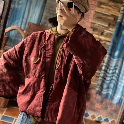 仿香云纱印花纯亚麻相色系带棉衣棉外套1928