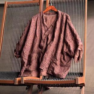 4367原创砂洗亚麻复古印花斜襟外套慵懒风手工缝线系带上衣