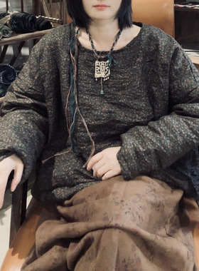 SN104  加厚苎麻印花双层手工扣套头棉衣