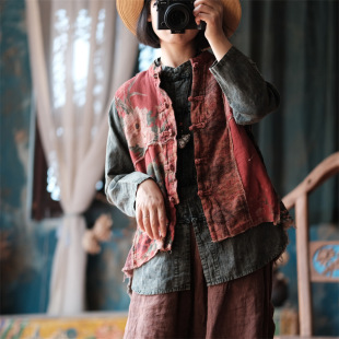 小泥姑娘文艺双层棉纱宽松毛边中式 盘扣背心马夹2091