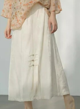 原创百搭直筒天丝提花流苏半身裙复古国潮显瘦开叉半裙B24097