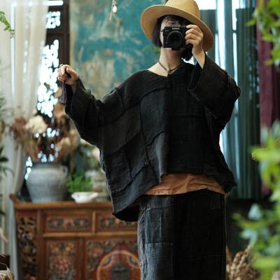 水洗棉麻V领毛边宽松小衫