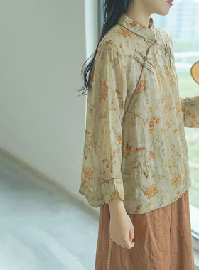 原创中国风数码印花盘扣衬衫 中式秀气禅意苎麻上衣茶服S22171