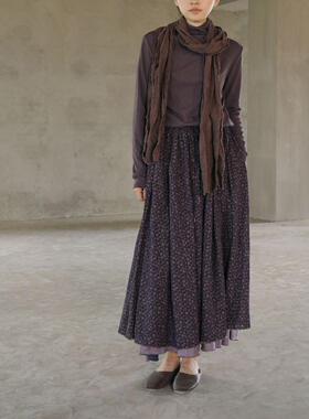 原创复古文艺紫色碎花双层半身裙 秋季撞色草垛大摆半裙B23215